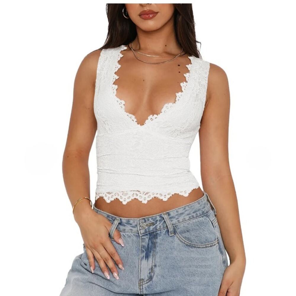 Reoria Crop Tank Top Lace Fairy White Y2K V-Neck Scallop Babydoll Dainty Size S